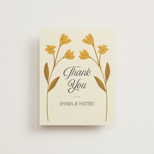 This is a yolk wedding thank you cards with standard by Morgan Kendall called vintage wildflowers printing on signature in standard