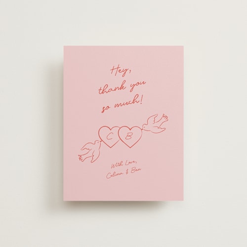This is a peach wedding thank you cards with standard by Helena Vitto called the bird song printing on signature in standard