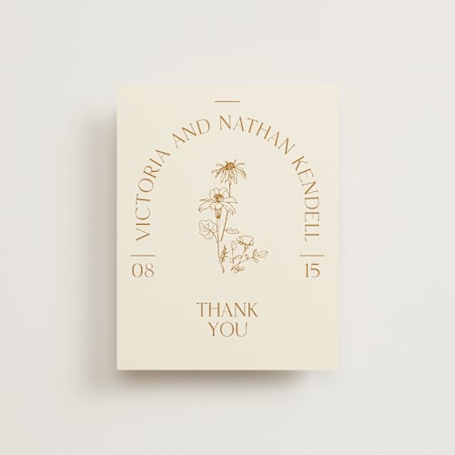 This is a cream wedding thank you cards with standard by Baumbirdy called floral type arch printing on signature in standard