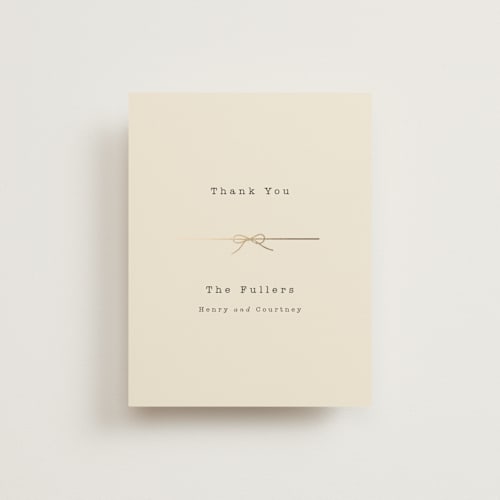 This is a ivory wedding thank you cards with foil pressed by Baumbirdy called bow tie printing on signature in standard