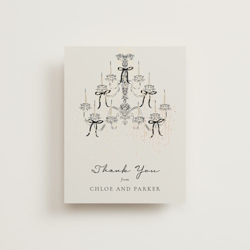 This is a noir wedding thank you cards with foil pressed by Jackie Crawford called hand illustrated whimsical chandelier printing on signature in standard