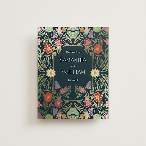 This is a midnight garden wedding thank you cards with foil pressed by Simona Camp called gilded tapestry printing on signature in standard