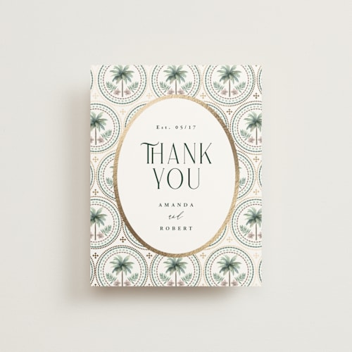 This is a sand wedding thank you cards with foil pressed by Maria Alou called vintage palms printing on signature in standard