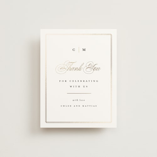 This is a linen wedding thank you cards with foil pressed by Erica Krystek called timeless printing on signature in standard