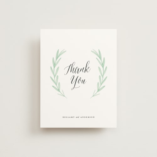 This is a evergreen thank you postcards by Olivia Raufman called painted leaves printing on signature in postcard