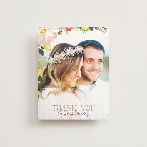 This is a blush thank you postcards by Susan Moyal called spring blooms printing on signature in postcard