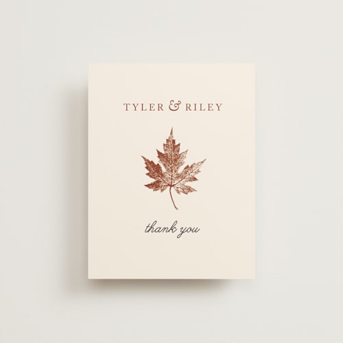 This is a rust thank you postcards by Katharine Watson called leaf print printing on signature in postcard