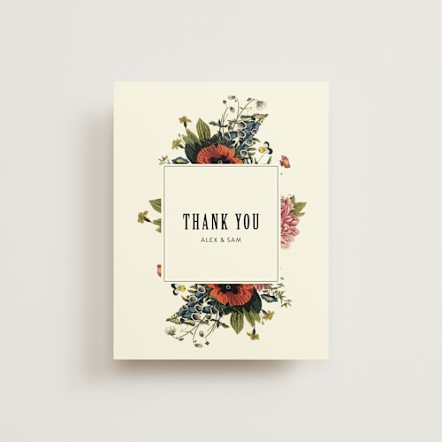 This is a vintage beige thank you postcards by Alisa Wismer called vintage garden invite printing on signature in postcard