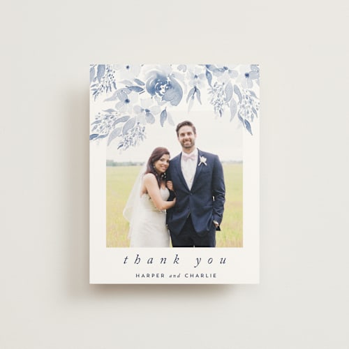 This is a periwinkle thank you postcards by Qing Ji called poetic watercolor flowers printing on signature in postcard