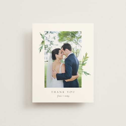 This is a vanilla thank you postcards by Mere Paper called simple pine branches printing on signature in postcard