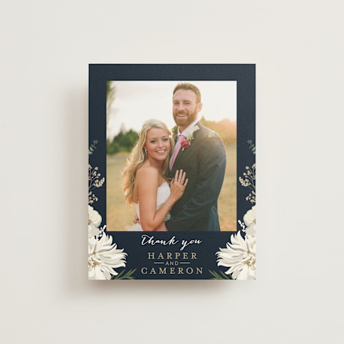 This is a winter white thank you postcards by Susan Moyal called peonies & berries printing on signature in postcard