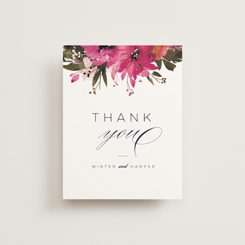 This is a fuchsia thank you postcards by Lori Wemple called peeking florals printing on signature in postcard