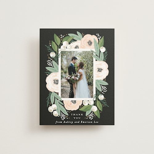 This is a charcoal thank you postcards by Alethea and Ruth called blooming bouquet printing on signature in postcard