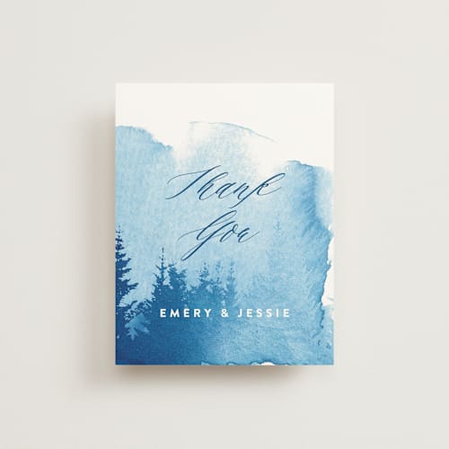 This is a navy thank you postcards by Ariel Rutland called misty forest printing on signature in postcard