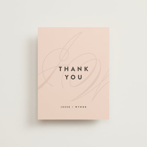 This is a blush thank you postcards by Ariel Rutland called twirl monogram a printing on signature in postcard