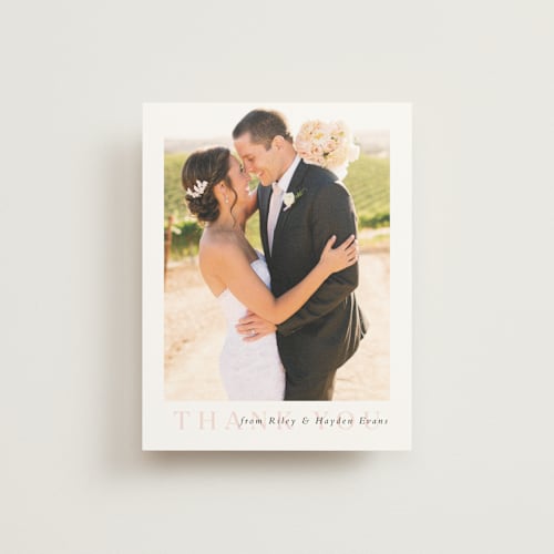 This is a soft peach thank you postcards by Lea Delaveris called over and over printing on signature in postcard
