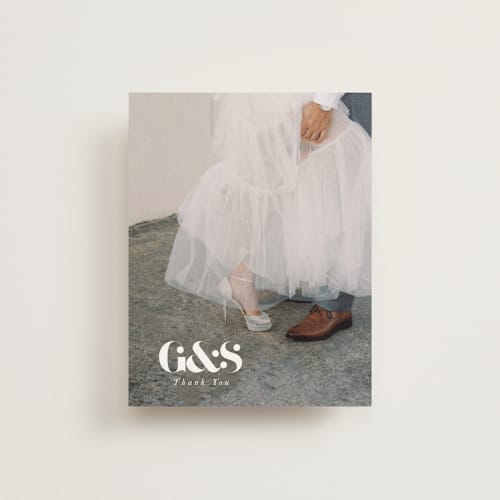 This is a charcoal thank you postcards with standard by Lori Wemple called monogram square printing on signature in postcard