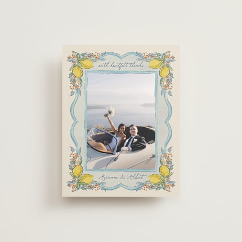 This is a aqua thank you postcards with standard by Chris Griffith called amalfi coast wedding printing on signature in postcard