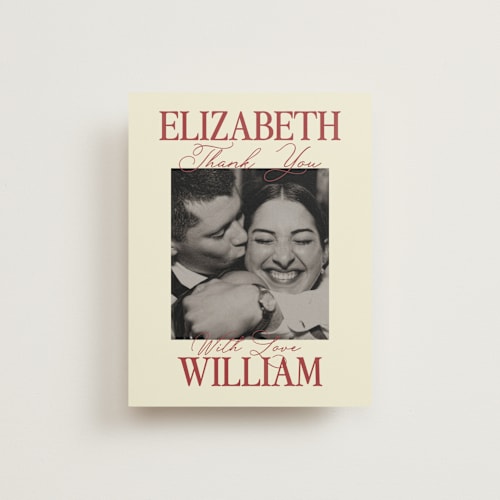 This is a burgundy thank you postcards with standard by Helena Vitto called elizabeth printing on signature in postcard