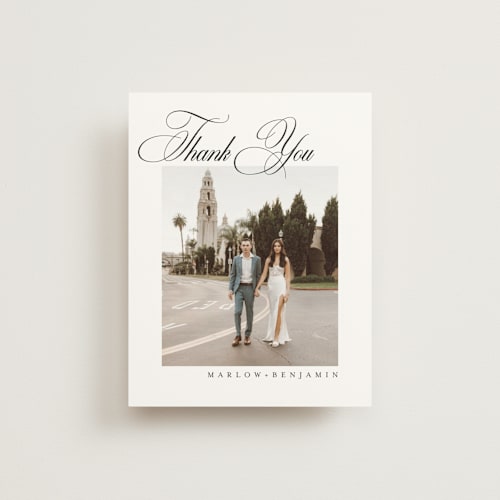 This is a silk wedding thank you cards with standard by Kelly Schmidt called chic script printing on strathmore in standard