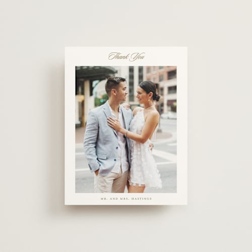 This is a golden wedding thank you cards with standard by Stacey Meacham called classic decorum printing on strathmore in standard