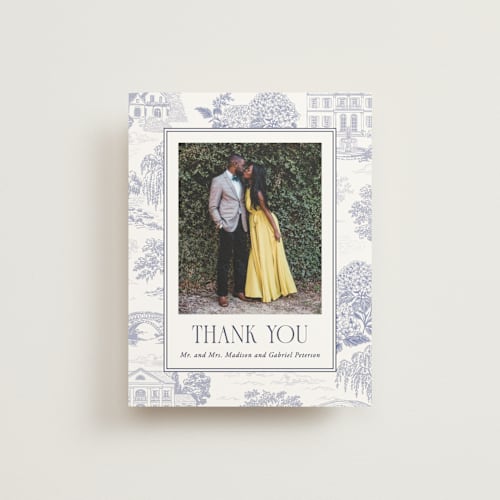 This is a periwinkle wedding thank you cards with standard by Jenna Holcomb called southern charm toile printing on strathmore in standard