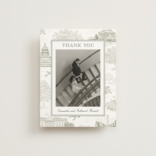 This is a olive wedding thank you cards with standard by Jenna Holcomb called washington dc toile printing on strathmore in standard