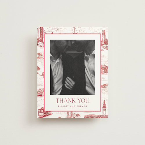 This is a scarlet wedding thank you cards with standard by Jenna Holcomb called san francisco toile printing on strathmore in standard