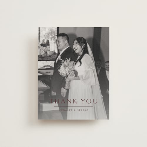 This is a burgundy wedding thank you cards with standard by Jennifer Postorino called rhythmic printing on strathmore in standard