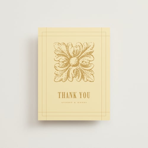 This is a butter wedding thank you cards with standard by Nazia Hyder called vintage label printing on strathmore in standard