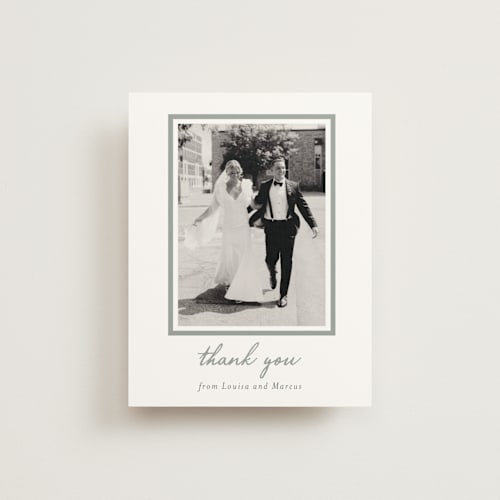 This is a sage wedding thank you cards with standard by Sara Hicks Malone called signature monogram printing on strathmore in standard