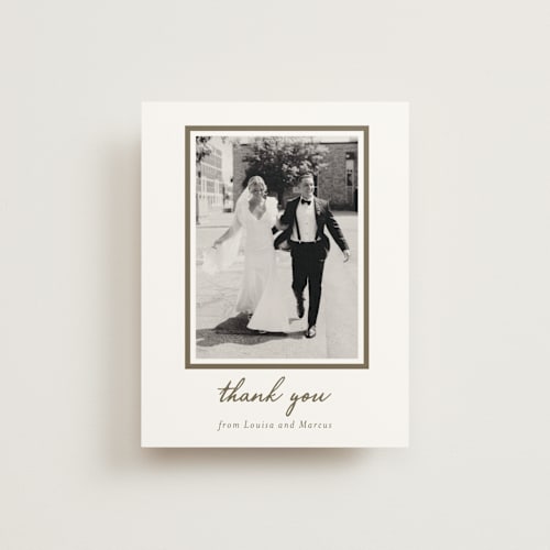 This is a cocoa wedding thank you cards with standard by Sara Hicks Malone called signature monogram printing on strathmore in standard