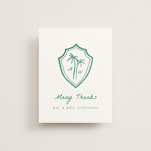 This is a palm wedding thank you cards with standard by Erika Firm called palm tree crest printing on strathmore in standard