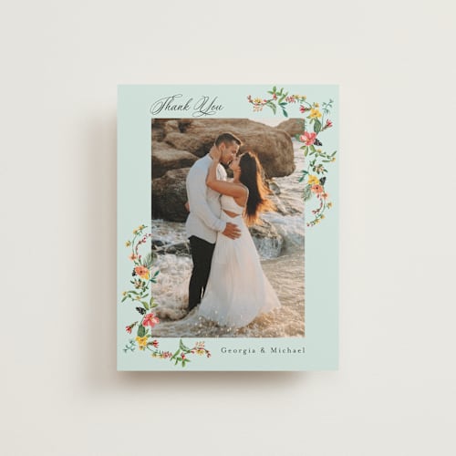 This is a papaya wedding thank you cards with standard by Susan Moyal called tropical crest printing on strathmore in standard