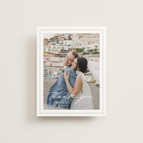 This is a dusty blue wedding thank you cards with standard by Stacey Meacham called modern air printing on strathmore in standard