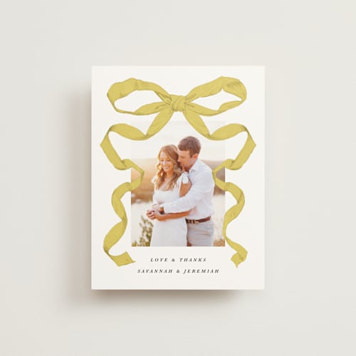This is a citrine wedding thank you cards with standard by Olivia Kanaley Inman called antique ribbon printing on strathmore in standard