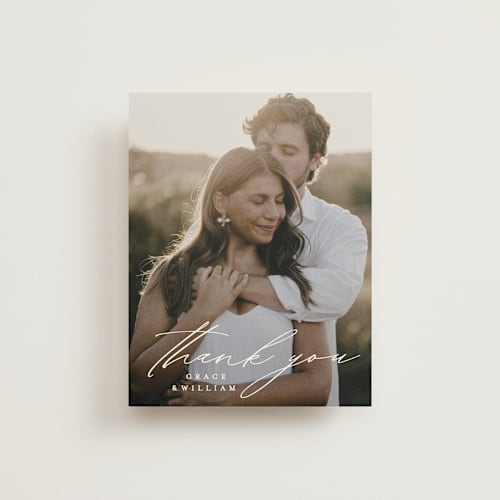 This is a cotton wedding thank you cards with standard by Angela Thompson called delicate script printing on strathmore in standard