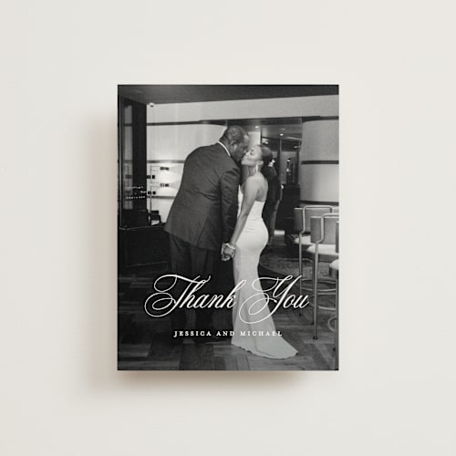 This is a dusty blue wedding thank you cards with standard by Jennifer Postorino called empire printing on strathmore in standard