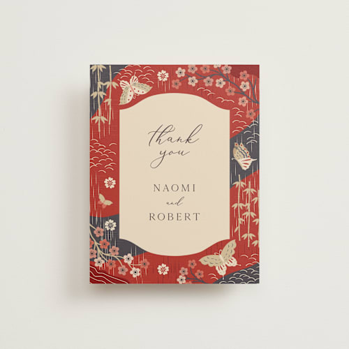 This is a rose wedding thank you cards with standard by Jennifer Holbrook called japanese textile printing on strathmore in standard