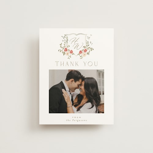This is a pomegranate wedding thank you cards with standard by Everett Paper Goods called roses crest printing on strathmore in standard