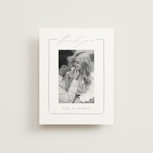 This is a pale cerulean wedding thank you cards with standard by Sabrin Deirani called ocean dreams printing on strathmore in standard