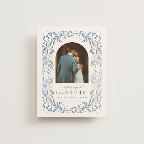 This is a delft blue wedding thank you cards with standard by Ashley DeMeyere called porcelain printing on strathmore in standard