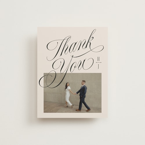 This is a linen wedding thank you cards with standard by Kate Ahn called mirin printing on strathmore in standard