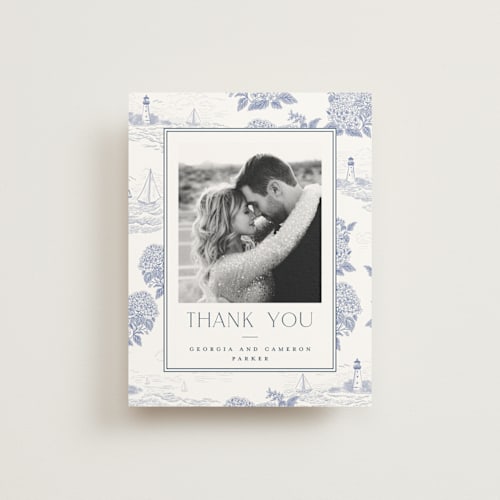 This is a periwinkle wedding thank you cards with standard by Jenna Holcomb called coastal toile printing on strathmore in standard
