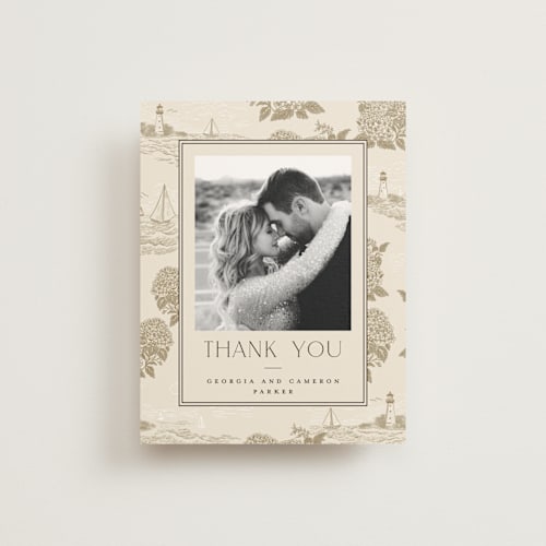This is a sand wedding thank you cards with standard by Jenna Holcomb called coastal toile printing on strathmore in standard
