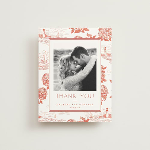 This is a sunset wedding thank you cards with standard by Jenna Holcomb called coastal toile printing on strathmore in standard