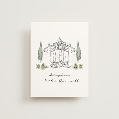 This is a forest wedding thank you cards with standard by Jackie Crawford called hand illustrated garden gate printing on strathmore in standard