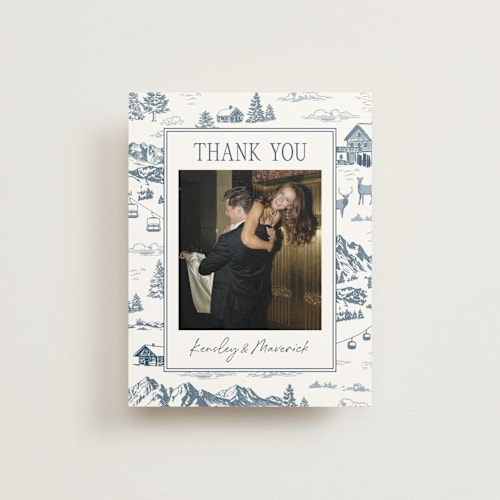 This is a denim wedding thank you cards with standard by Jenna Holcomb called aspen toile printing on strathmore in standard