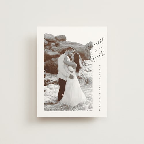 This is a linen wedding thank you cards with standard by Ana de Sousa called scripted elegance printing on strathmore in standard