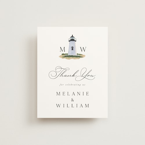 This is a snow wedding thank you cards with standard by Becky Nimoy called east coast lighthouse printing on strathmore in standard